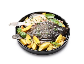 Photo of Tasty roasted flounder fish with herbs and potato isolated on white. Homemade seafood dish