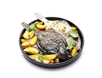 Photo of Tasty roasted flounder fish with herbs and potato isolated on white. Homemade seafood dish