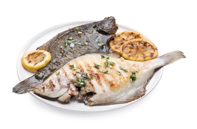 Photo of Tasty roasted flounder fish with herbs and lemon slices isolated on white. Homemade seafood dish