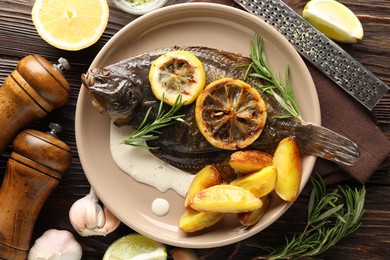 Photo of Tasty roasted flounder fish with rosemary, potato and lemon slices on wooden table, flat lay. Homemade seafood dish