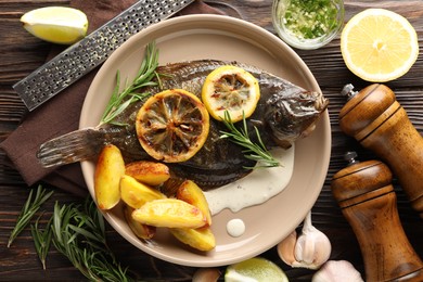 Photo of Tasty roasted flounder fish with rosemary, potato and lemon slices on wooden table, flat lay. Homemade seafood dish