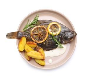 Photo of Tasty roasted flounder fish with rosemary, potato and lemon slices isolated on white, top view. Homemade seafood dish