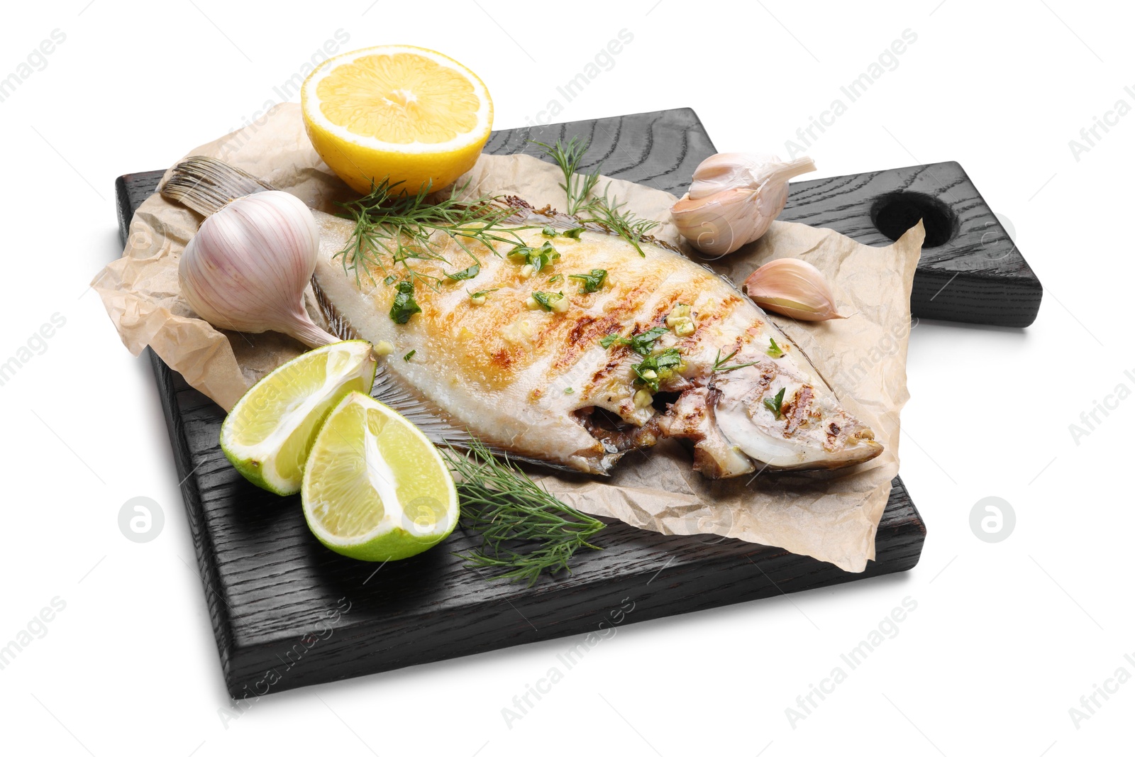Photo of Tasty roasted flounder fish with spices isolated on white. Homemade seafood dish