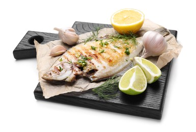 Photo of Tasty roasted flounder fish with spices isolated on white. Homemade seafood dish