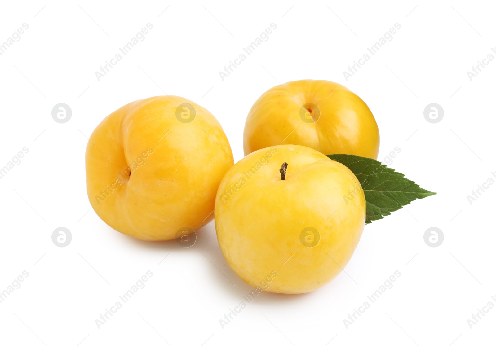 Whole ripe yellow cherry plums with leaf isolated on white Photo of Whole ripe yellow cherry plums with leaf isolated on white