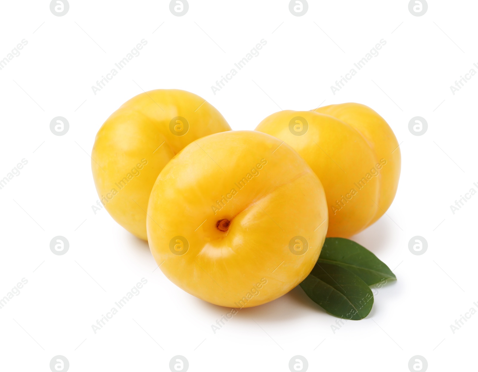 Yellow cherry plums with leaves isolated on white Photo of Yellow cherry plums with leaves isolated on white