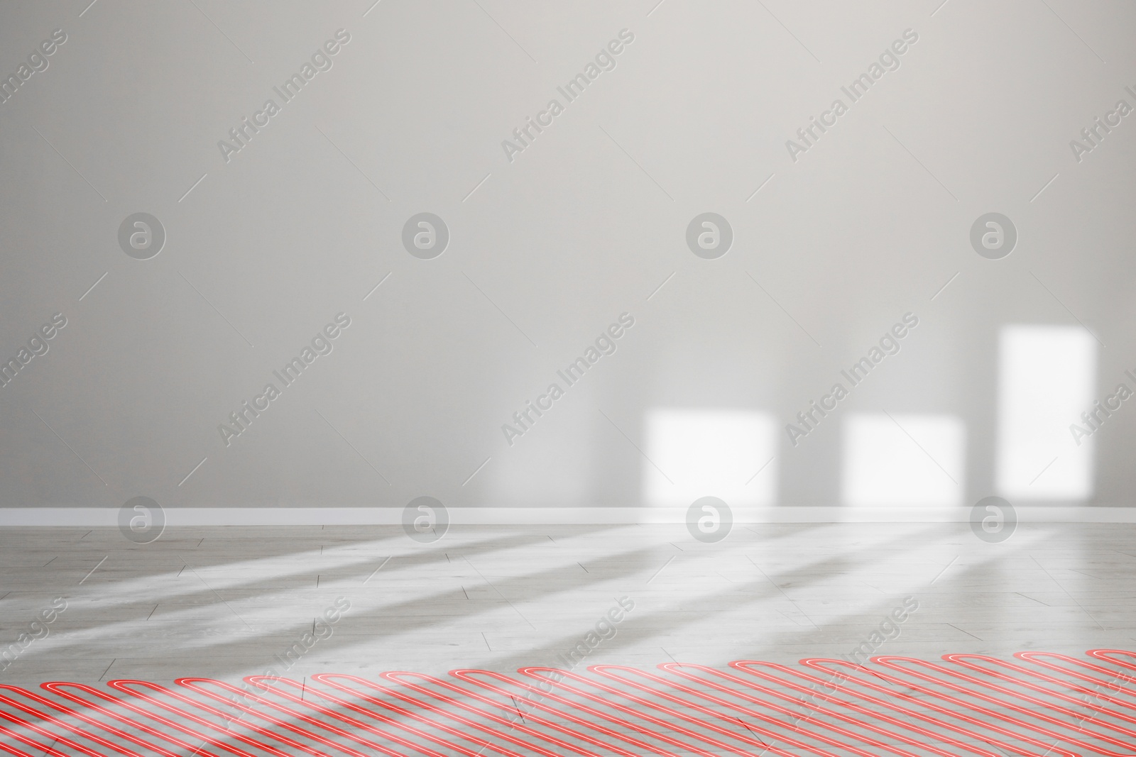 Image of Underfloor heating system, double exposure with laminate floor in room