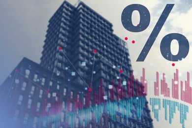 Image of Percent sign and graphs against building, double exposure