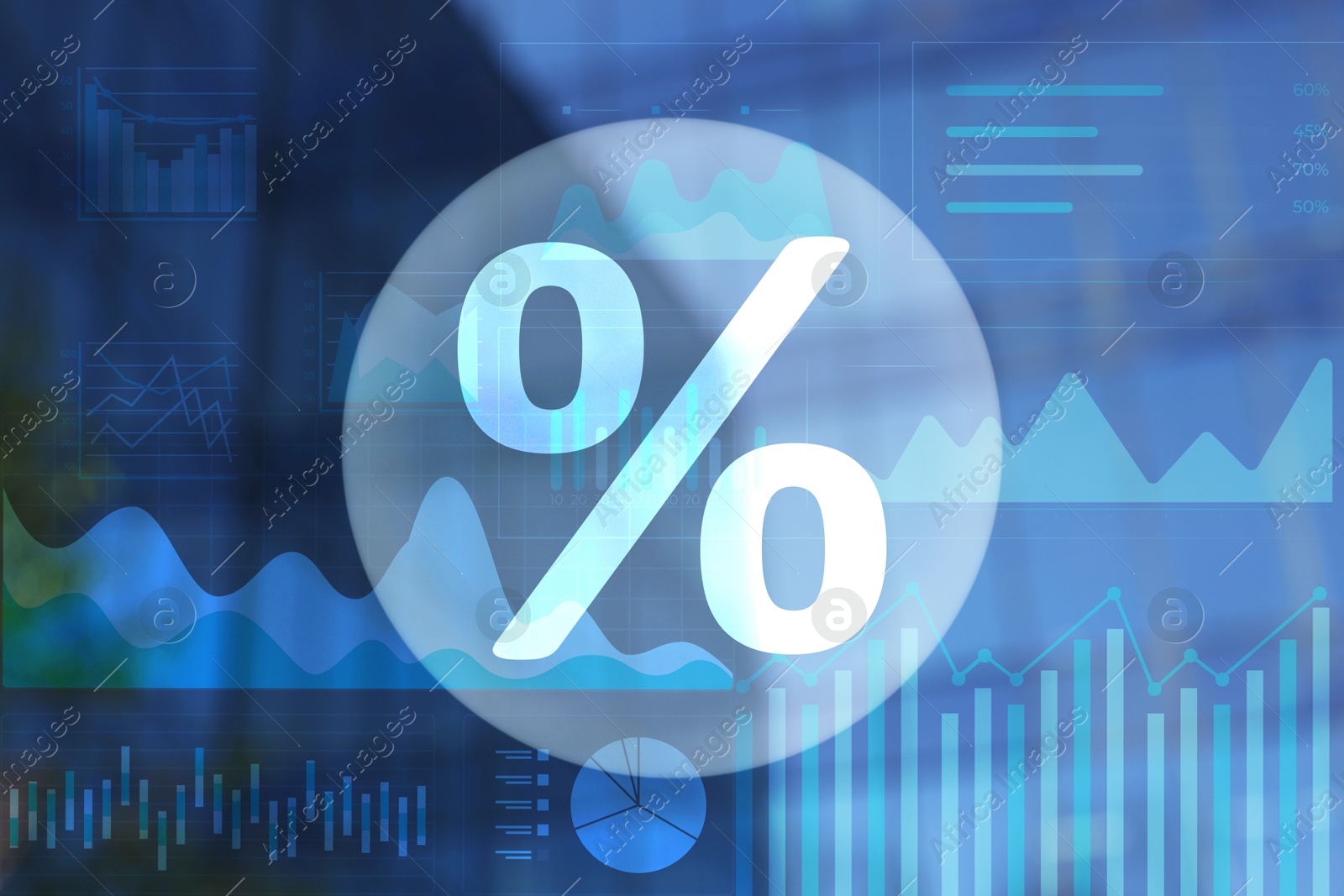 Percent sign, different graphs and diagram against building Image of Percent sign, different graphs and diagram against building
