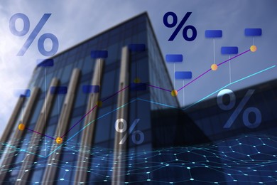 Image of Percent signs, graph against building, double exposure