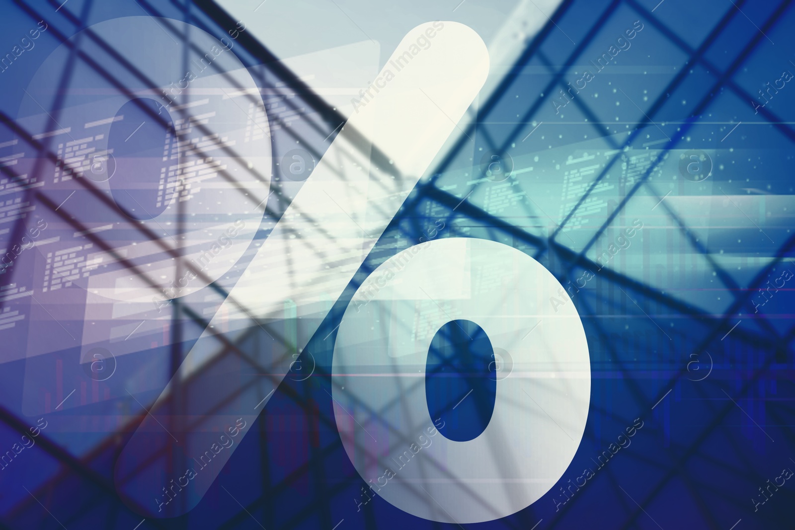 Percent sign, data and graphs against building Image of Percent sign, data and graphs against building