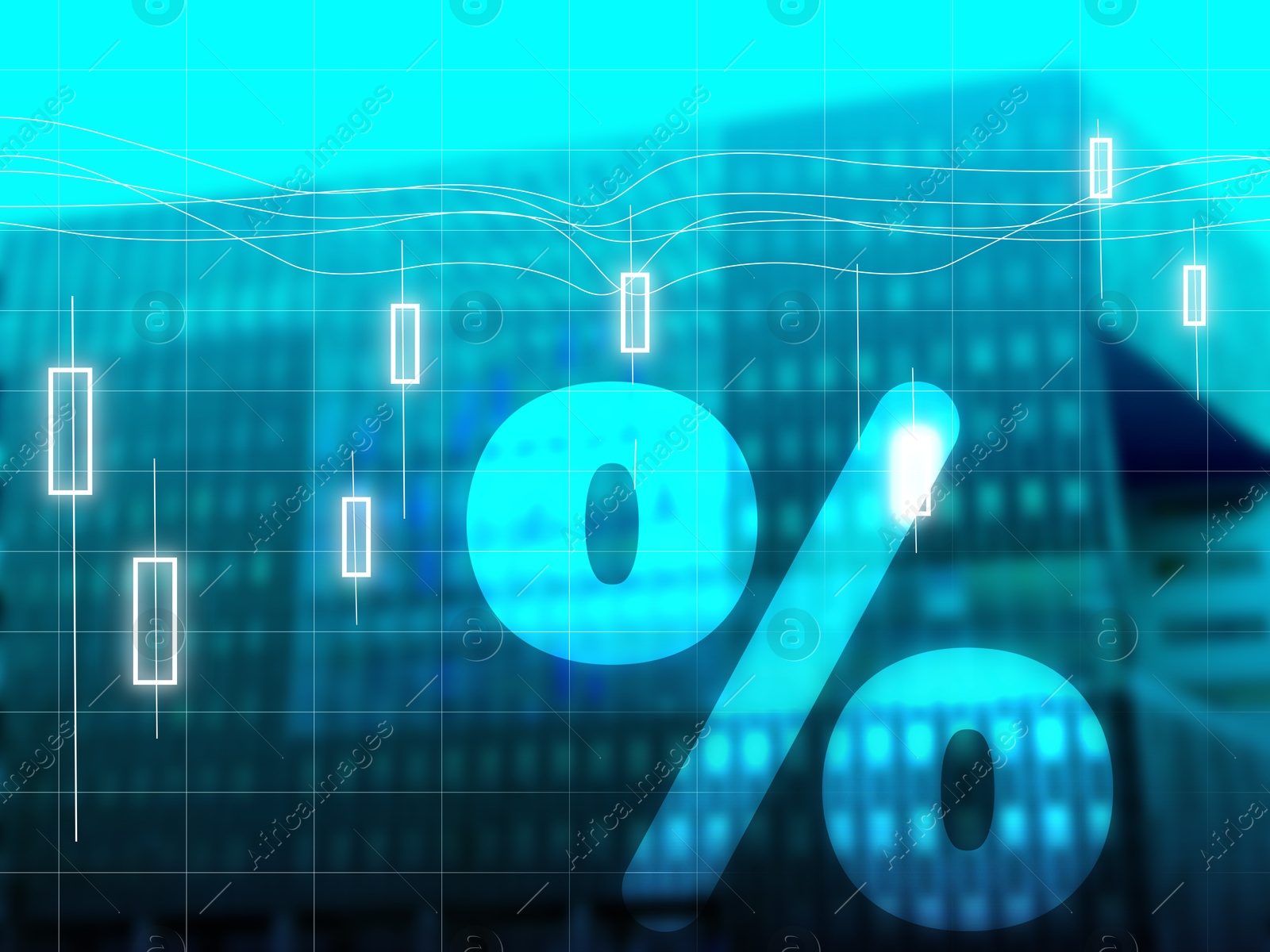 Percent sign and graphs against building, double exposure Illustration of Percent sign and graphs against building, double exposure