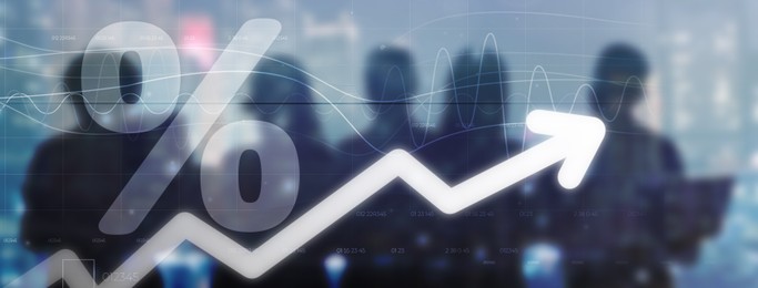 Image of Percent sign, arrow and graph against businesspeople. Banner design