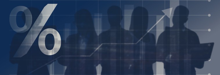 Illustration of Percent sign, arrow, graph and businesspeople, double exposure. Banner design