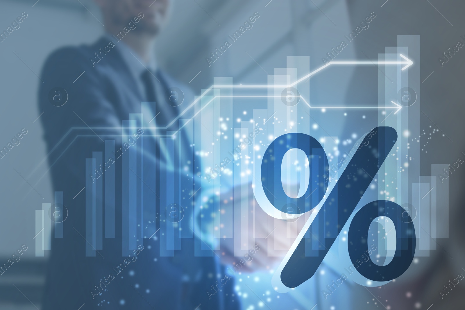 Percent sign, graph and businesspeople shaking hands, double exposure Illustration of Percent sign, graph and businesspeople shaking hands, double exposure