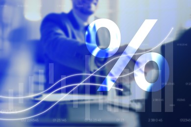 Image of Percent sign, graph and businesspeople shaking hands, double exposure