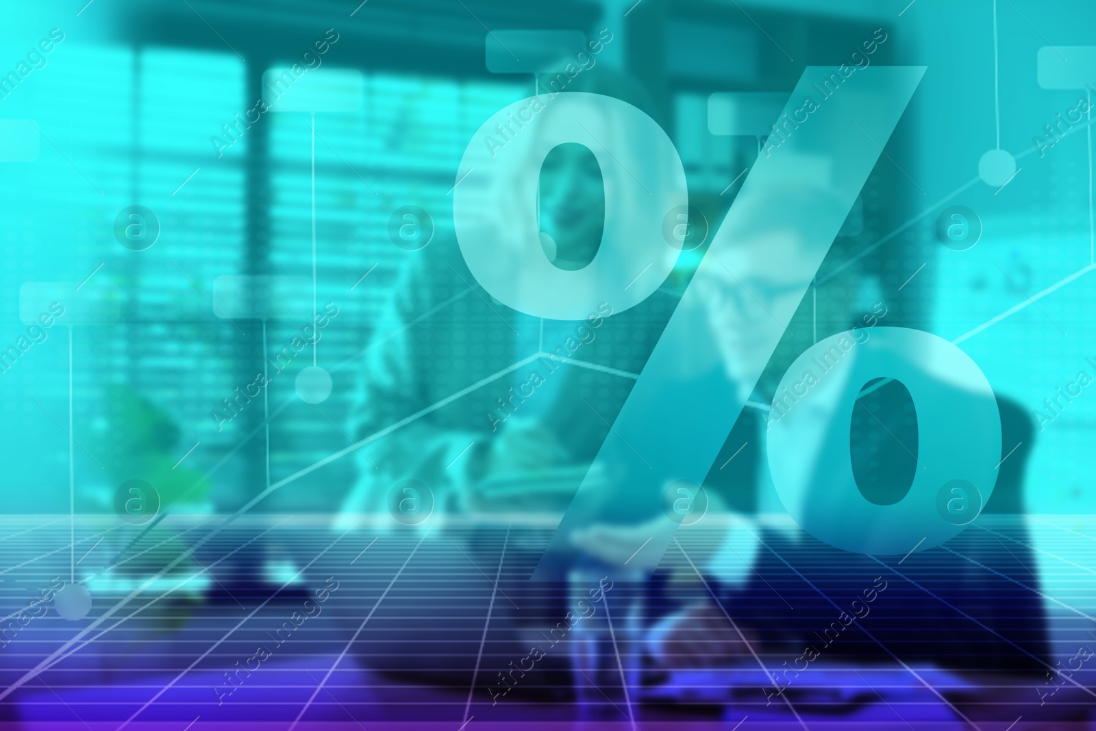 Percent sign, graph and businesspeople working, double exposure Image of Percent sign, graph and businesspeople working, double exposure