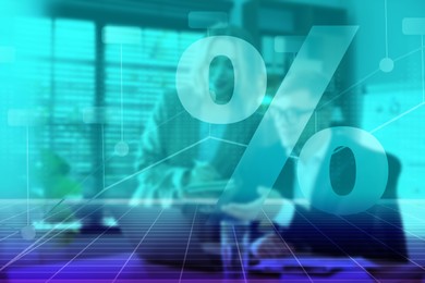 Image of Percent sign, graph and businesspeople working, double exposure