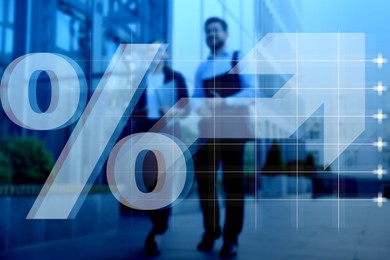 Illustration of Percent sign, graph and businesspeople outdoors, double exposure