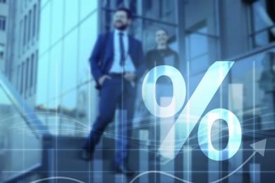 Illustration of Percent sign, graph and businesspeople outdoors, double exposure