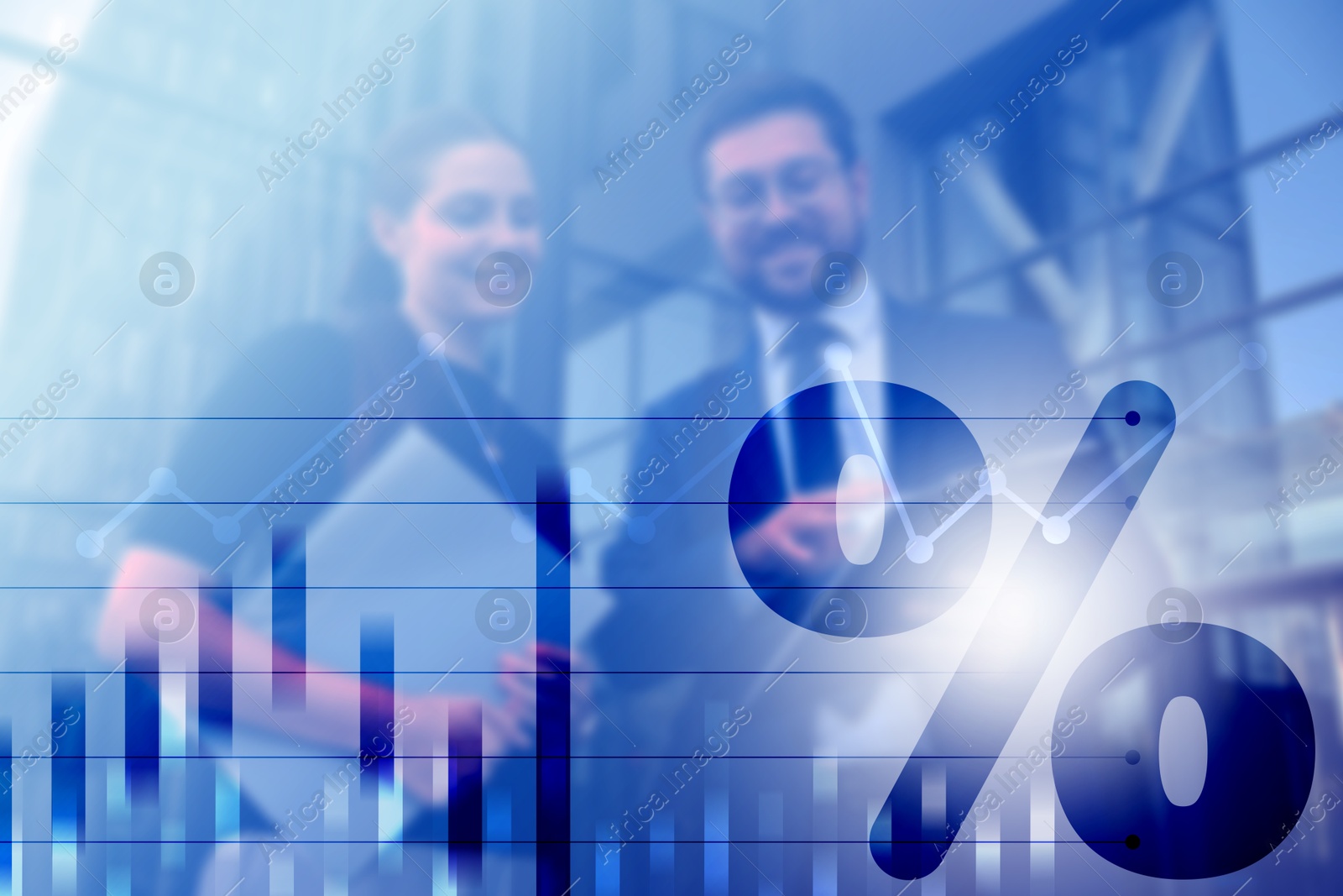 Percent sign, graph and businesspeople outdoors, double exposure Illustration of Percent sign, graph and businesspeople outdoors, double exposure