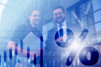 Illustration of Percent sign, graph and businesspeople outdoors, double exposure