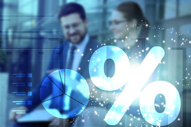 Illustration of Percent sign, graph, diagram and businesspeople outdoors, double exposure