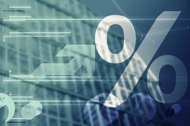 Illustration of Percent sign, graphs and diagrams against building, double exposure