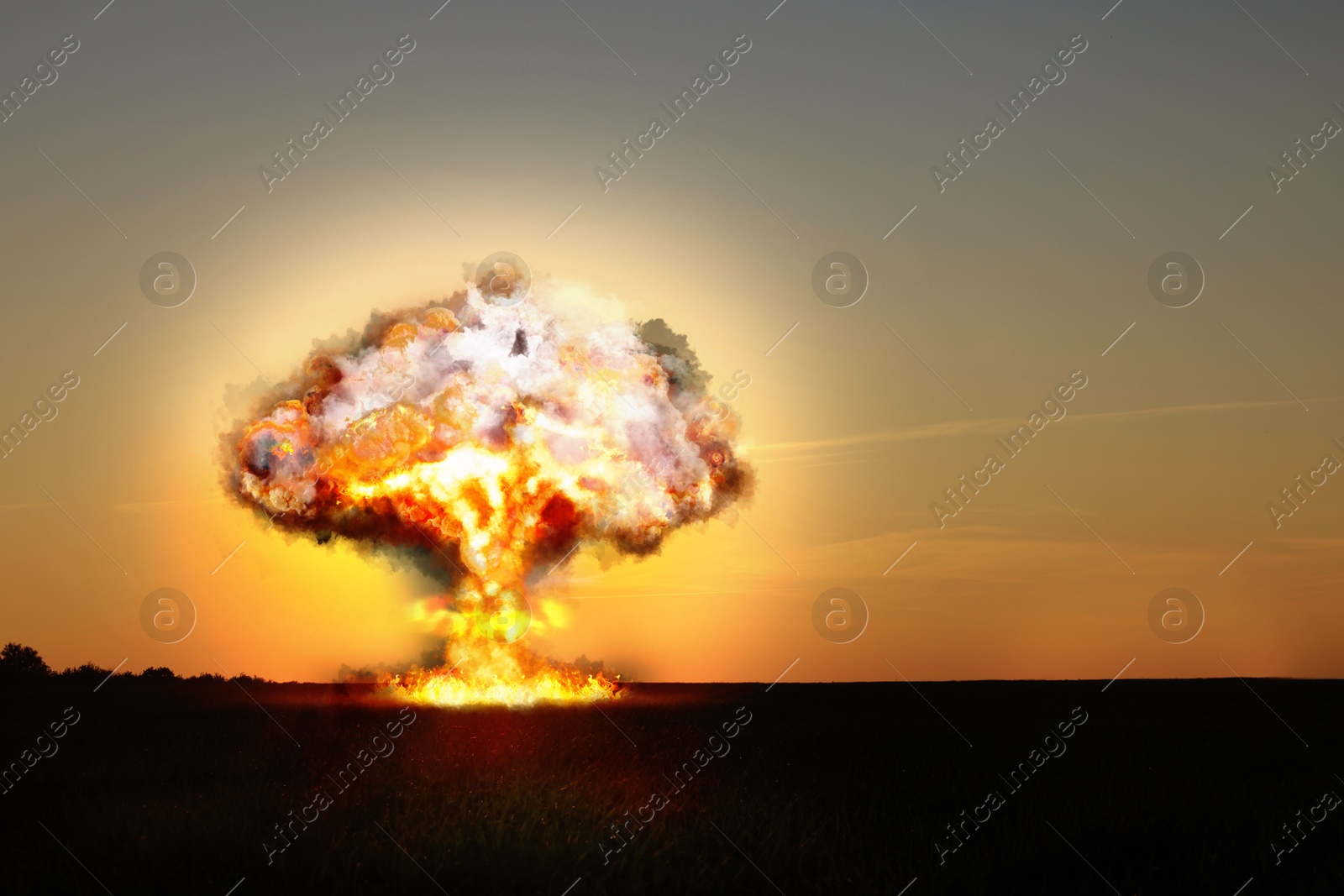 Image of Explosion with fire and smoke outdoors. Radioactive hazard