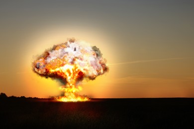 Image of Explosion with fire and smoke outdoors. Radioactive hazard