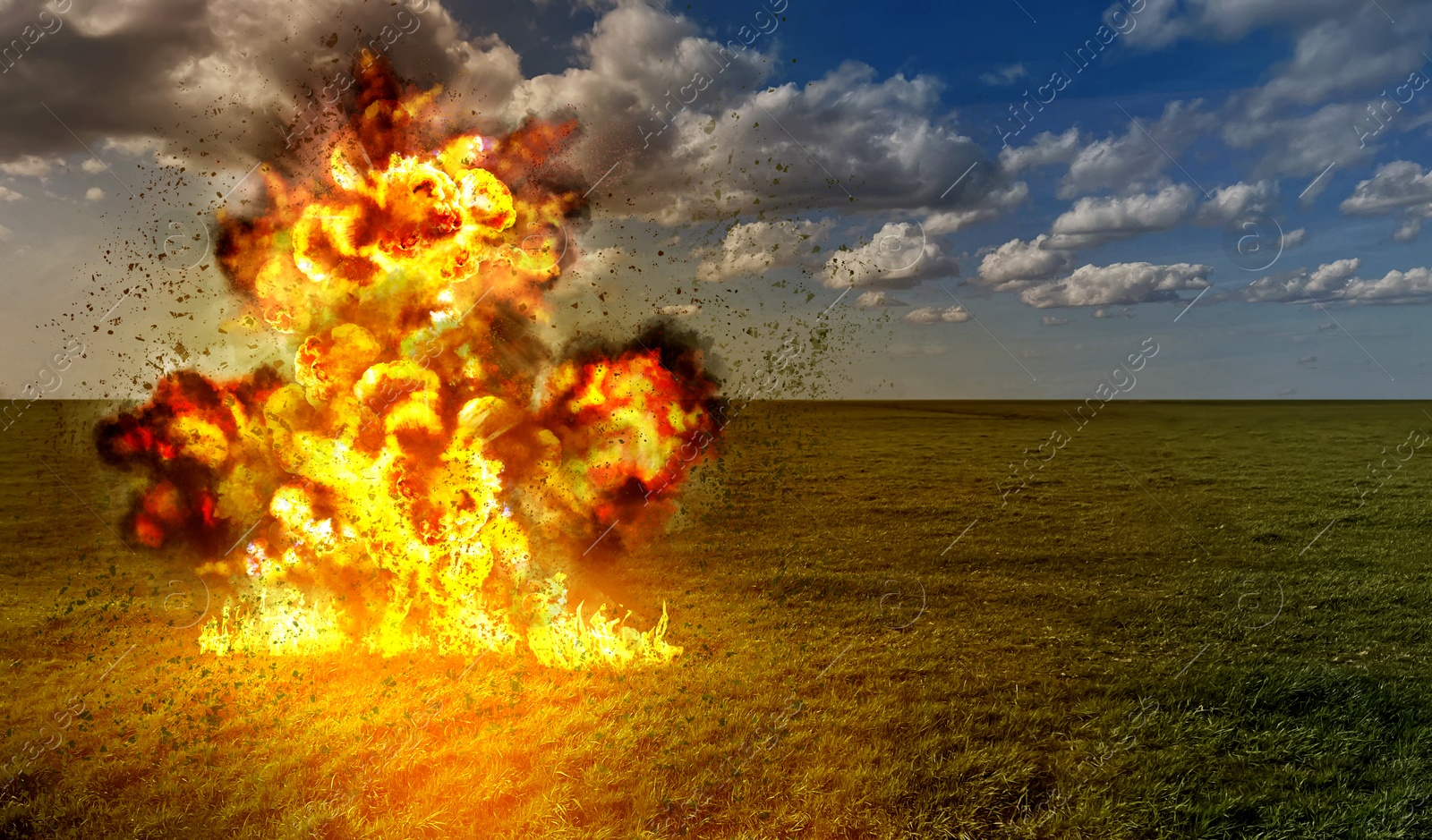 Image of Explosion with fire and smoke outdoors. Radioactive hazard