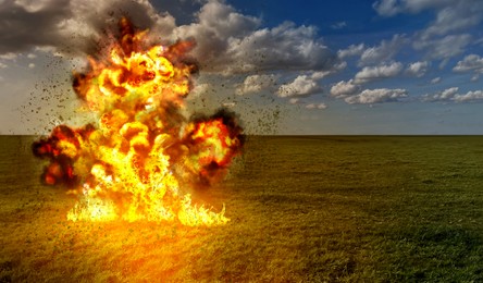 Image of Explosion with fire and smoke outdoors. Radioactive hazard