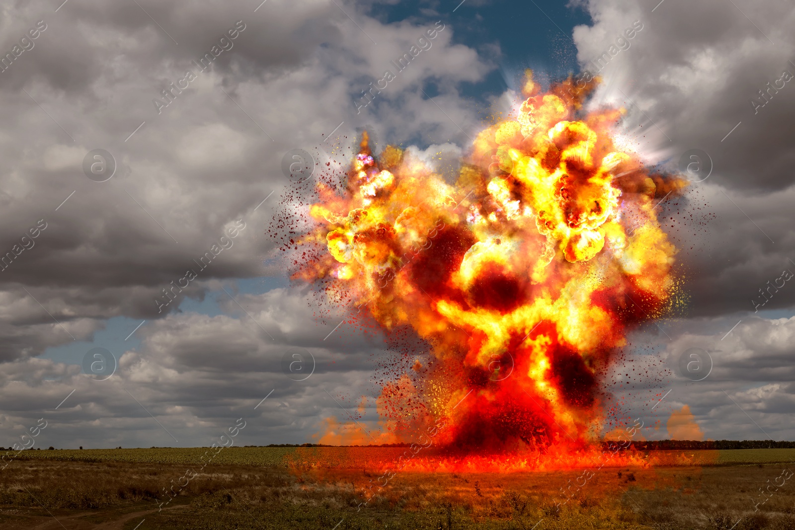 Image of Explosion with fire and smoke outdoors. Radioactive hazard