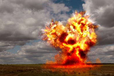 Image of Explosion with fire and smoke outdoors. Radioactive hazard