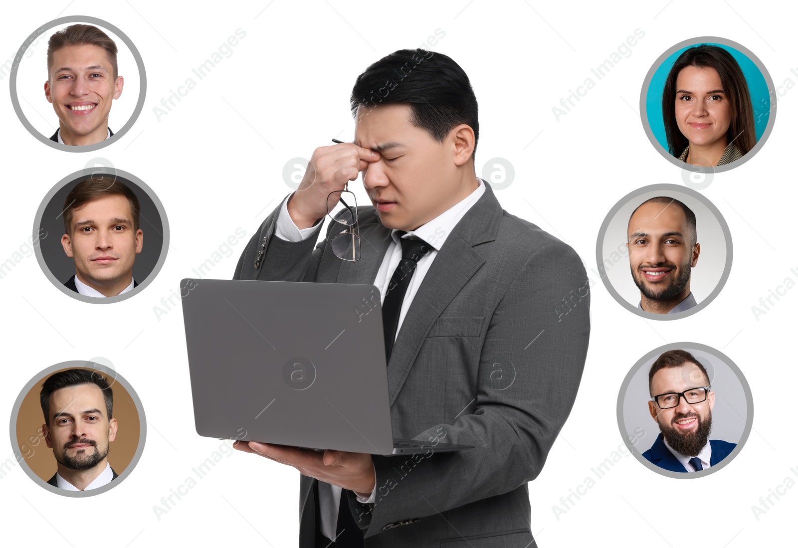 Image of Recruiter with laptop looking for employee against white background. Photos of candidates around him. Human resources management