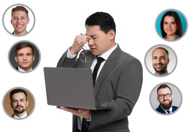 Image of Recruiter with laptop looking for employee against white background. Photos of candidates around him. Human resources management