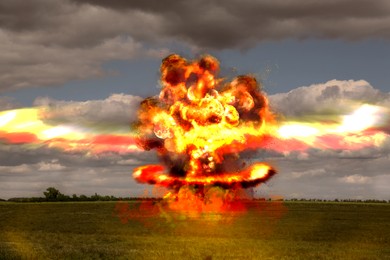Image of Explosion with fire and smoke outdoors. Radioactive hazard