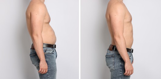Image of Before and after collage showing man with good and bad posture against white background, closeup