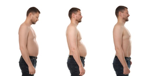 Image of Before and after collage showing man with good and bad posture against white background