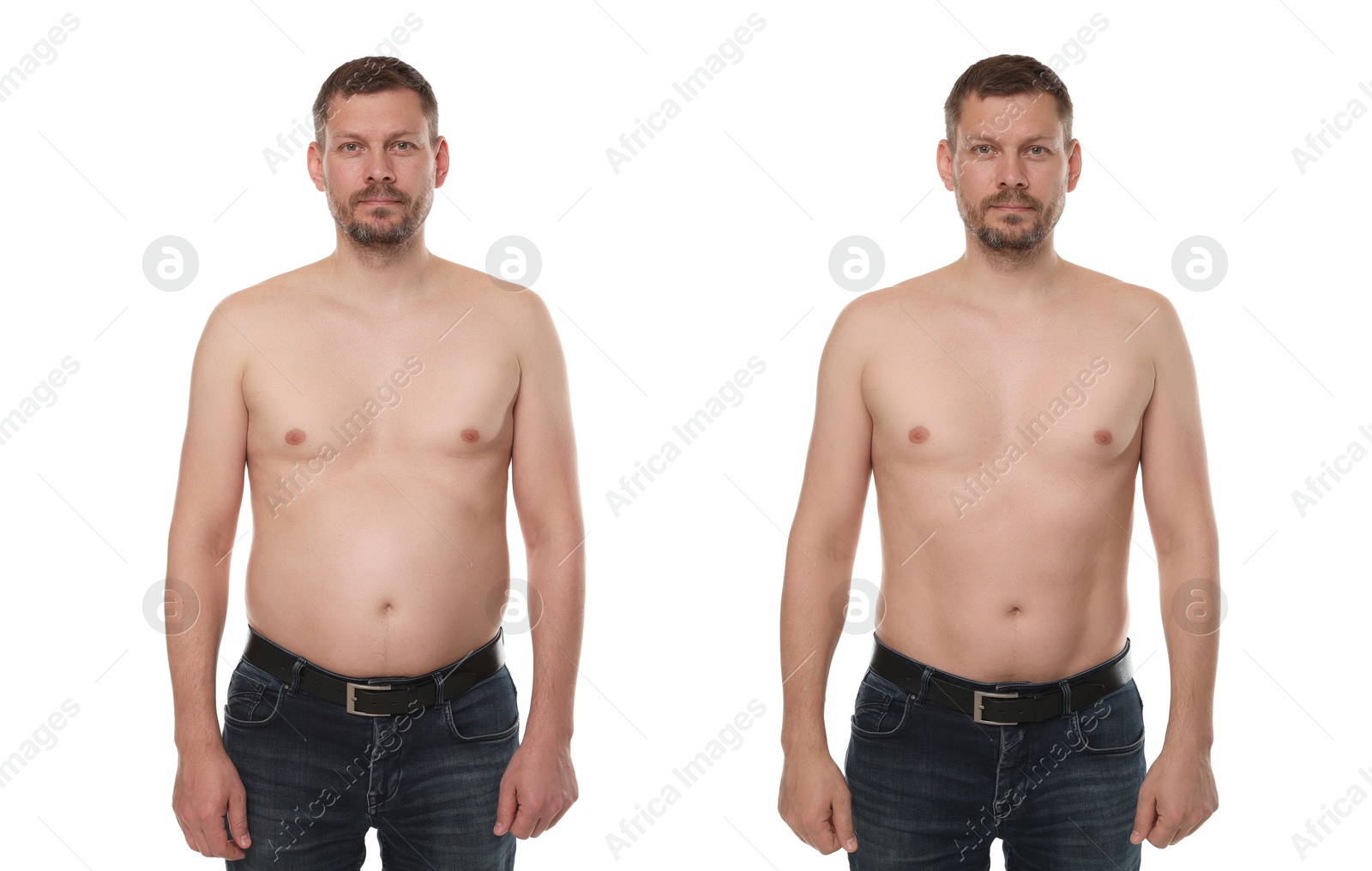 Image of Collage with man showing his body shape before and after weight loss. White background