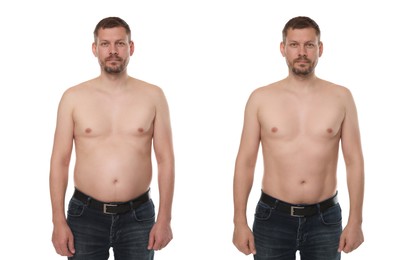 Image of Collage with man showing his body shape before and after weight loss. White background