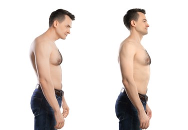 Image of Before and after collage showing man with good and bad posture against white background