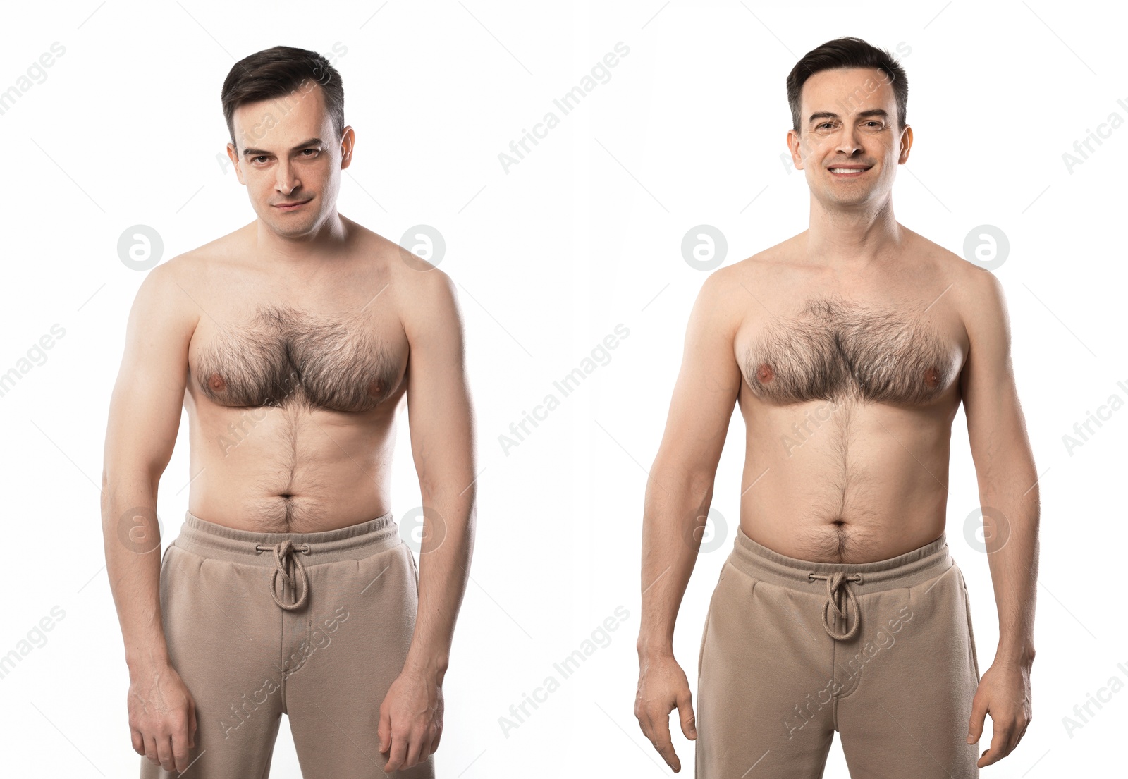 Image of Before and after collage showing man with good and bad posture against white background.
