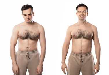 Image of Before and after collage showing man with good and bad posture against white background.