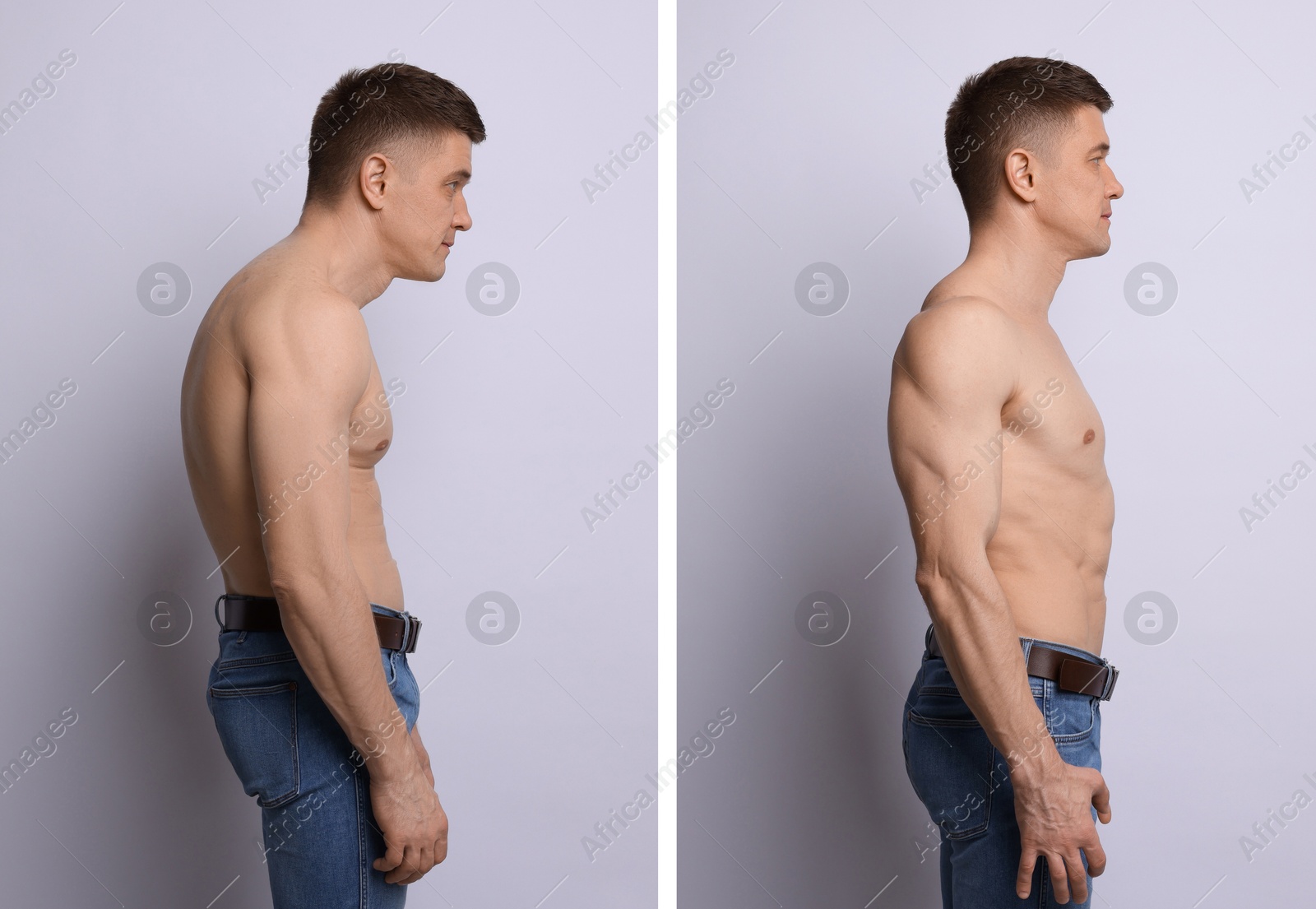 Before and after collage showing man with good and bad posture against grey background Image of Before and after collage showing man with good and bad posture against grey background