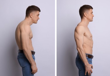 Image of Before and after collage showing man with good and bad posture against grey background