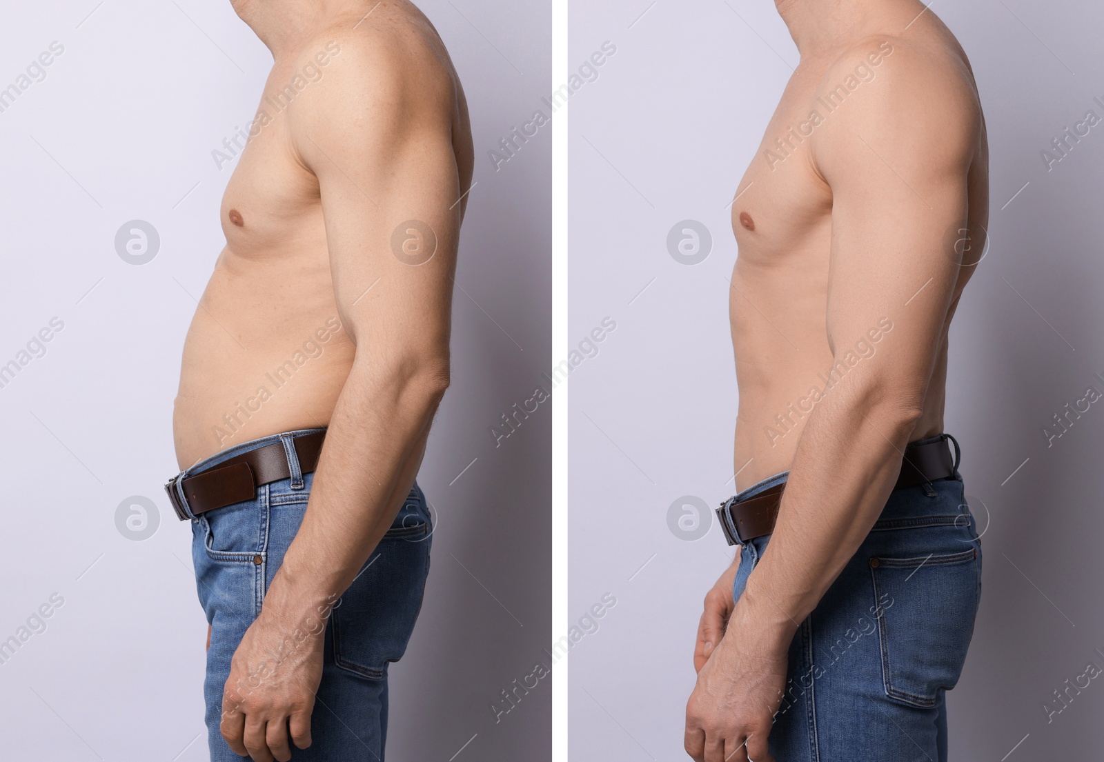 Image of Before and after collage showing man with good and bad posture against grey background, closeup