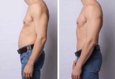 Image of Before and after collage showing man with good and bad posture against grey background, closeup