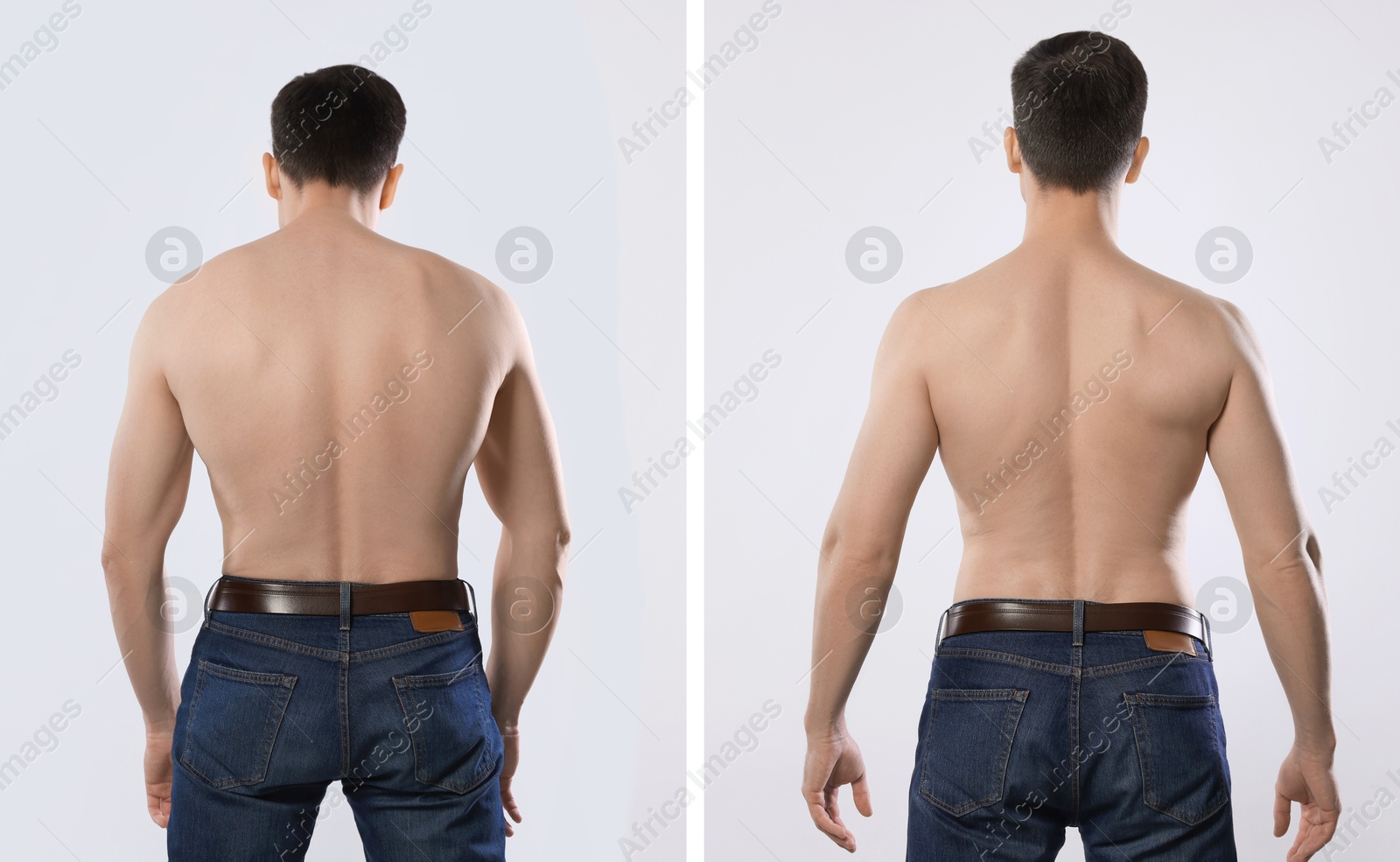 Before and after collage showing man with good and bad posture against white background Image of Before and after collage showing man with good and bad posture against white background
