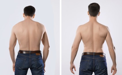 Image of Before and after collage showing man with good and bad posture against white background